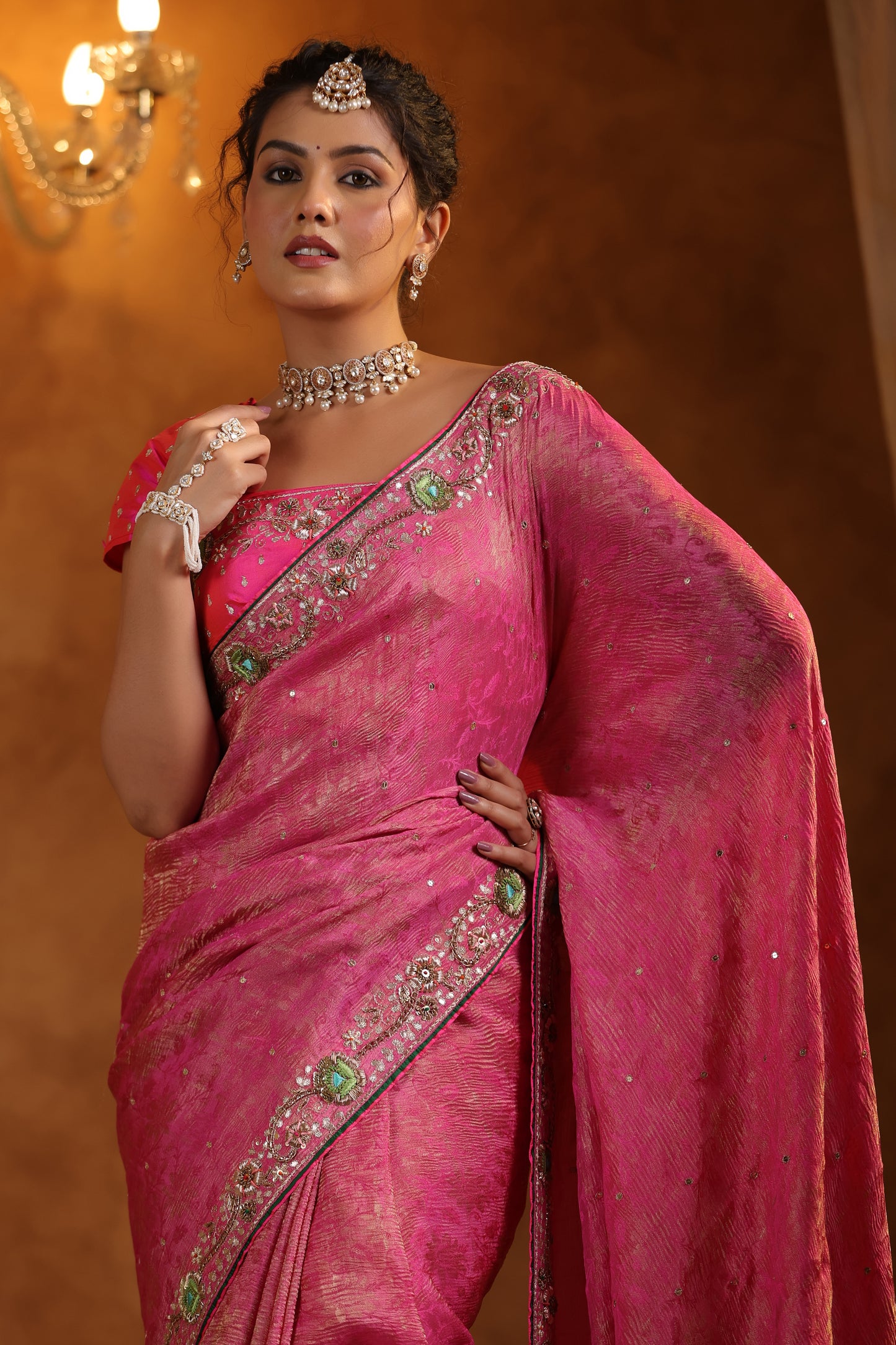 Petal Pink Jacquard Crush Tissue Saree