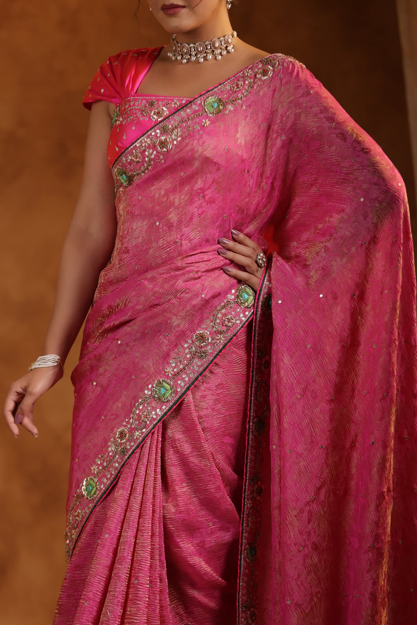 Petal Pink Jacquard Crush Tissue Saree