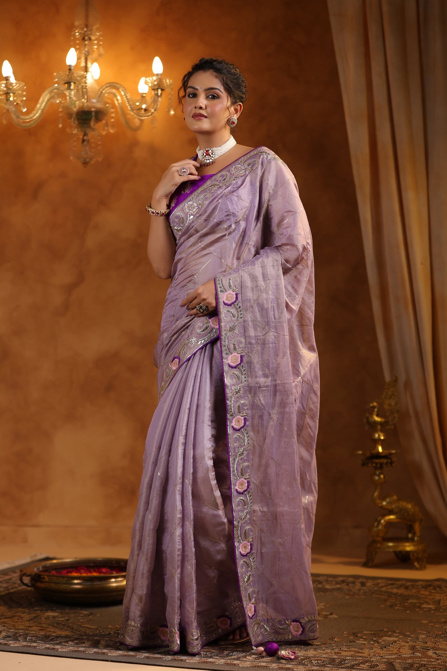 Lavender Katan Silk Tissue Saree Set