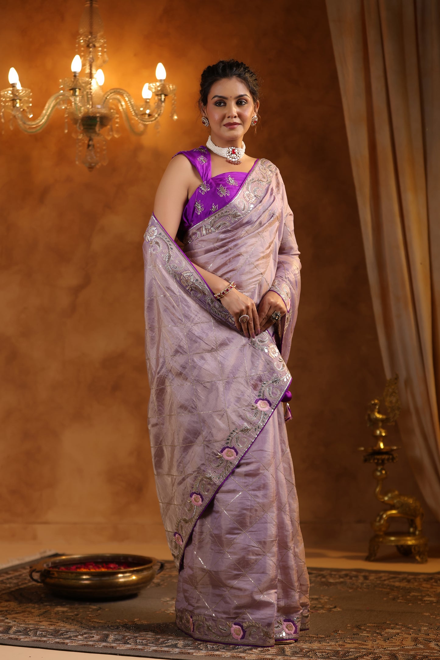 Lavender Katan Silk Tissue Saree Set