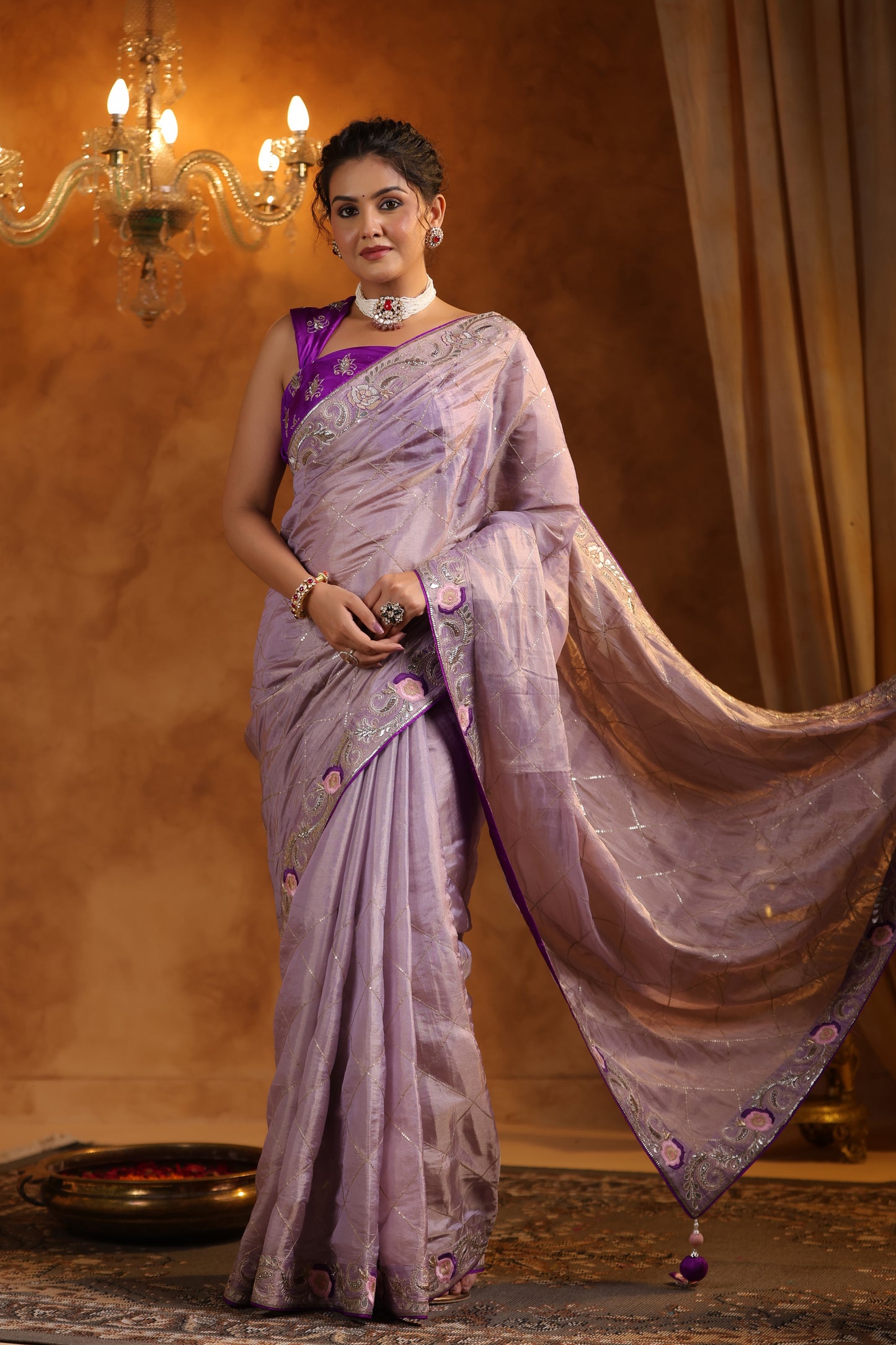 Lavender Katan Silk Tissue Saree Set