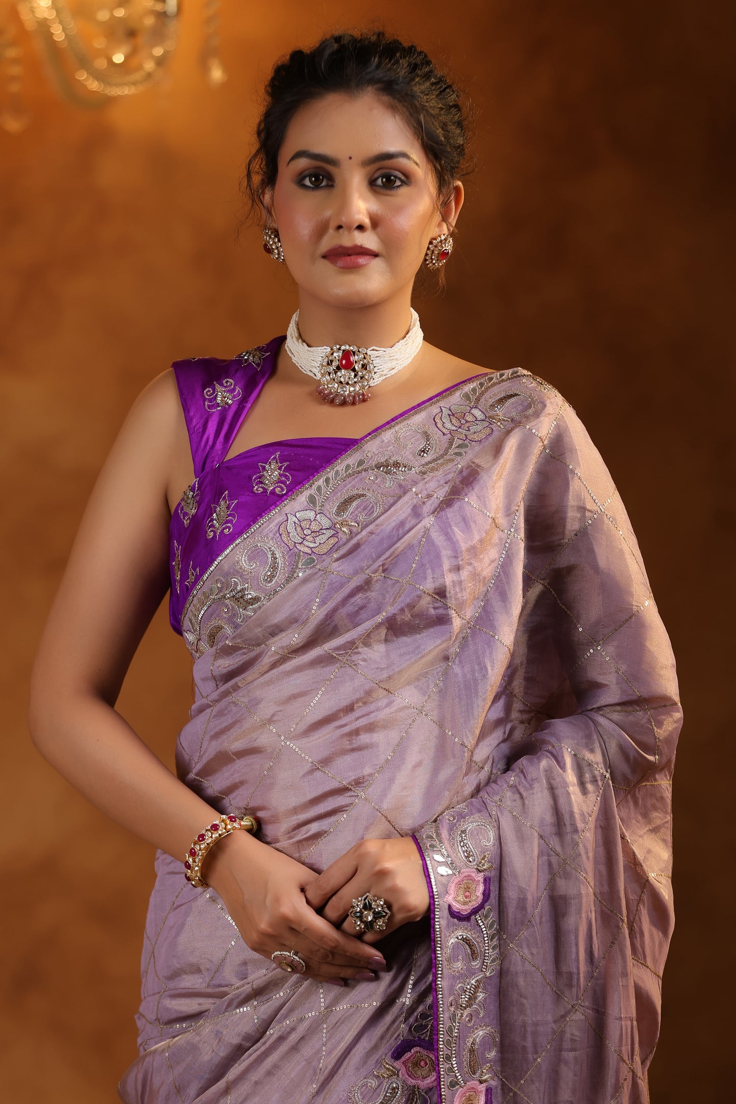 Lavender Katan Silk Tissue Saree Set