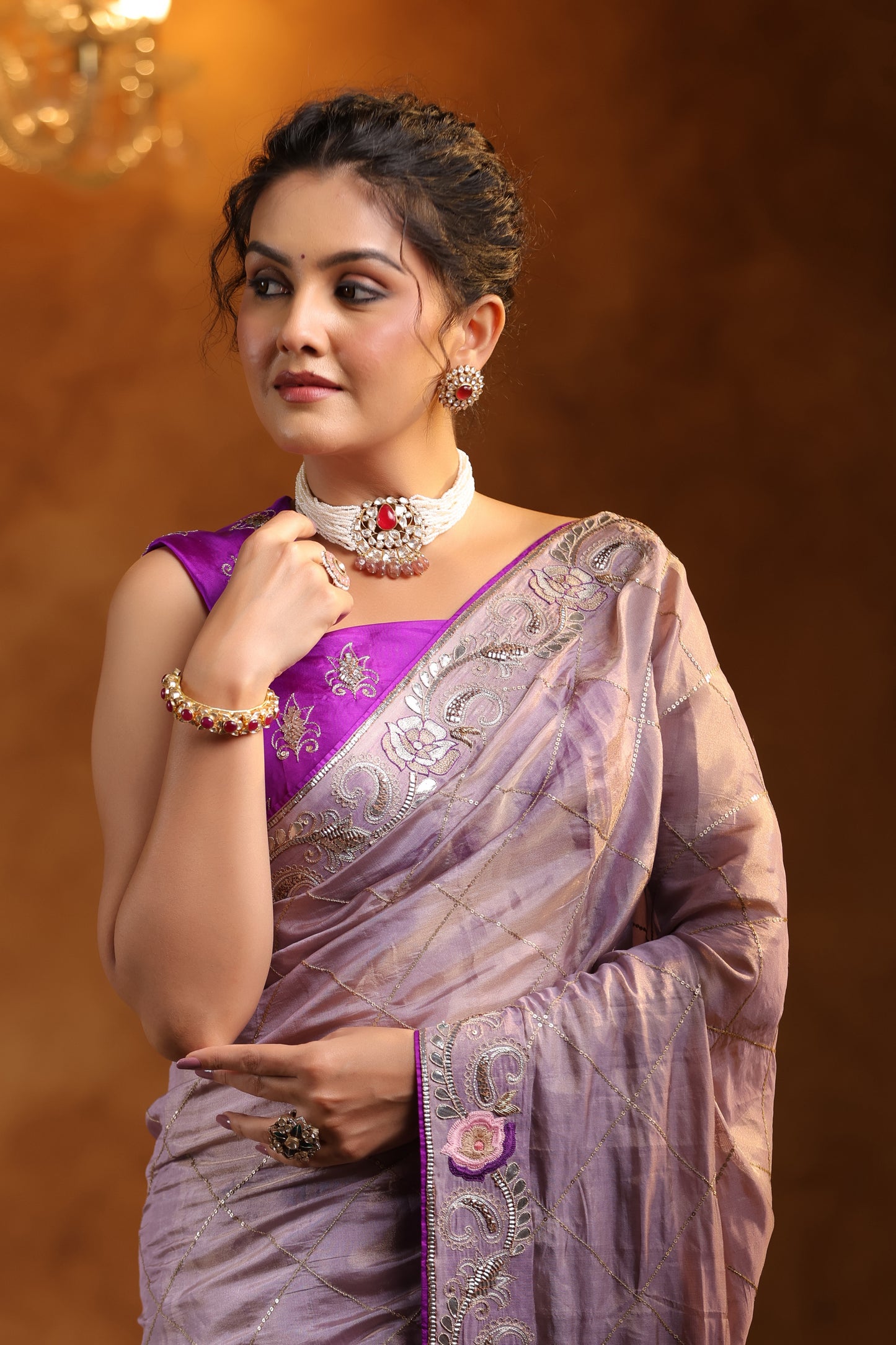 Lavender Katan Silk Tissue Saree Set