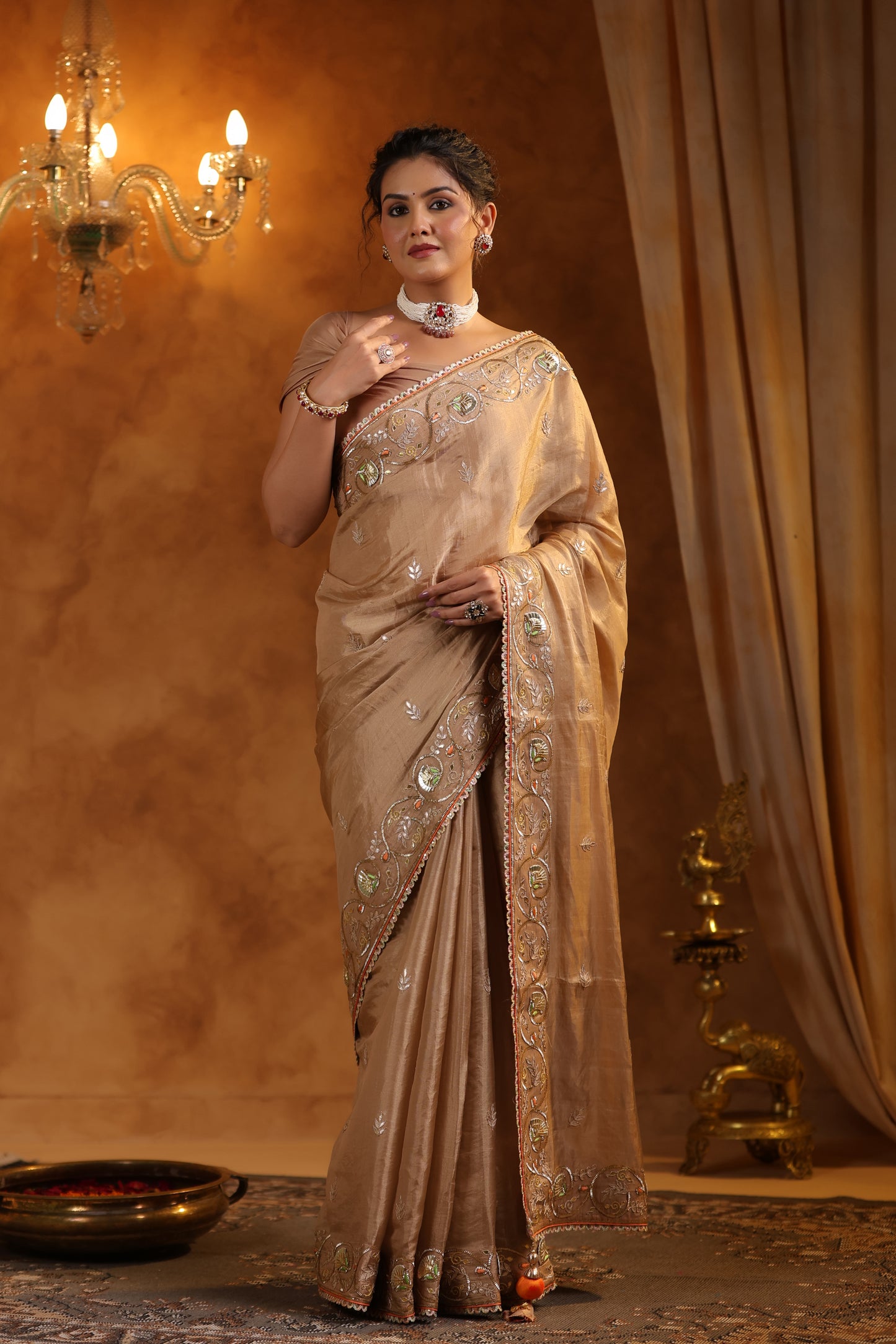 Bronze Bliss Katan Silk Tissue Saree Set