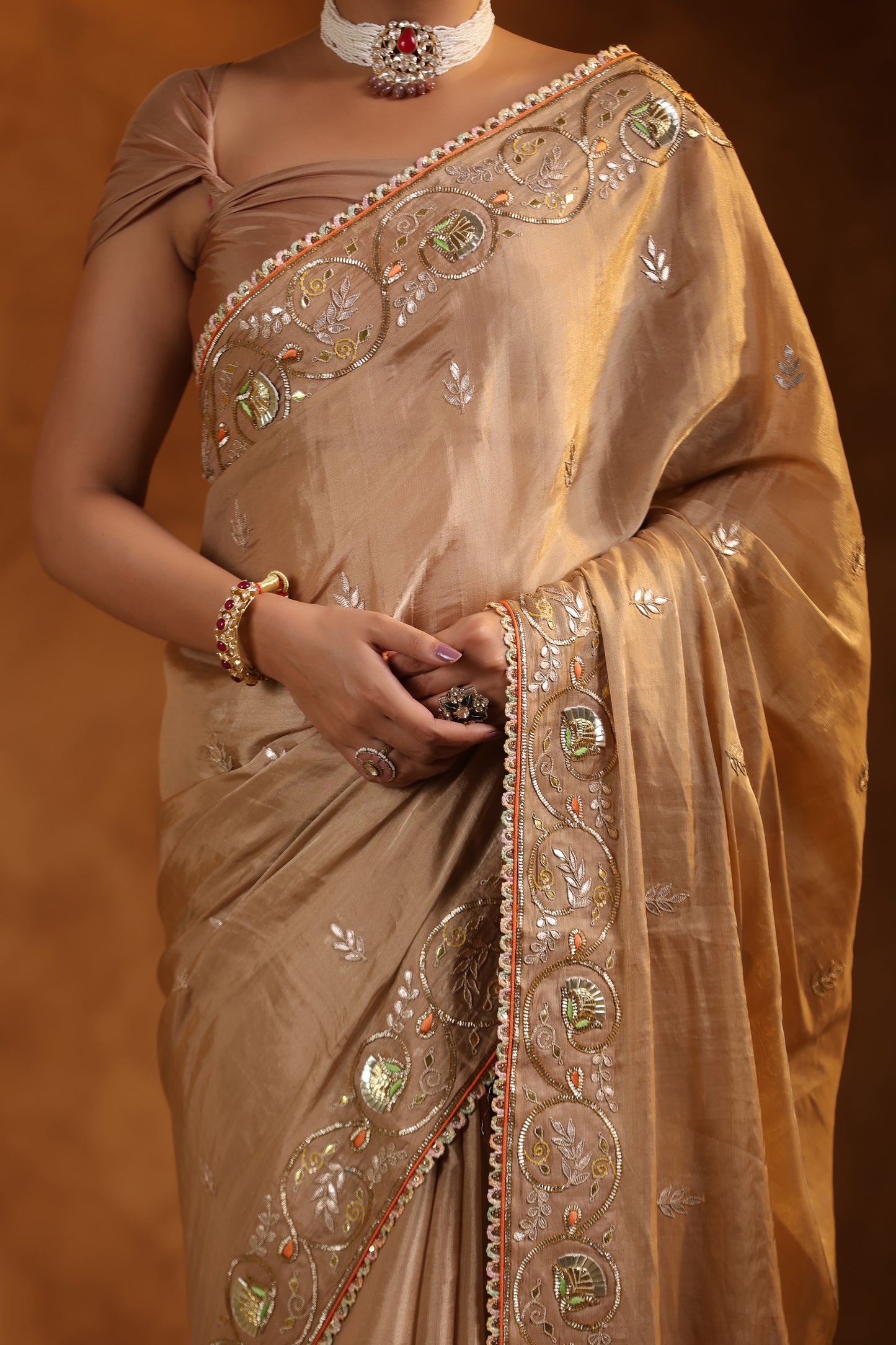 Bronze Bliss Katan Silk Tissue Saree Set