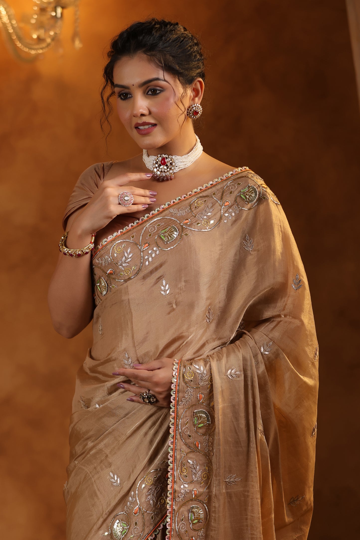 Bronze Bliss Katan Silk Tissue Saree Set