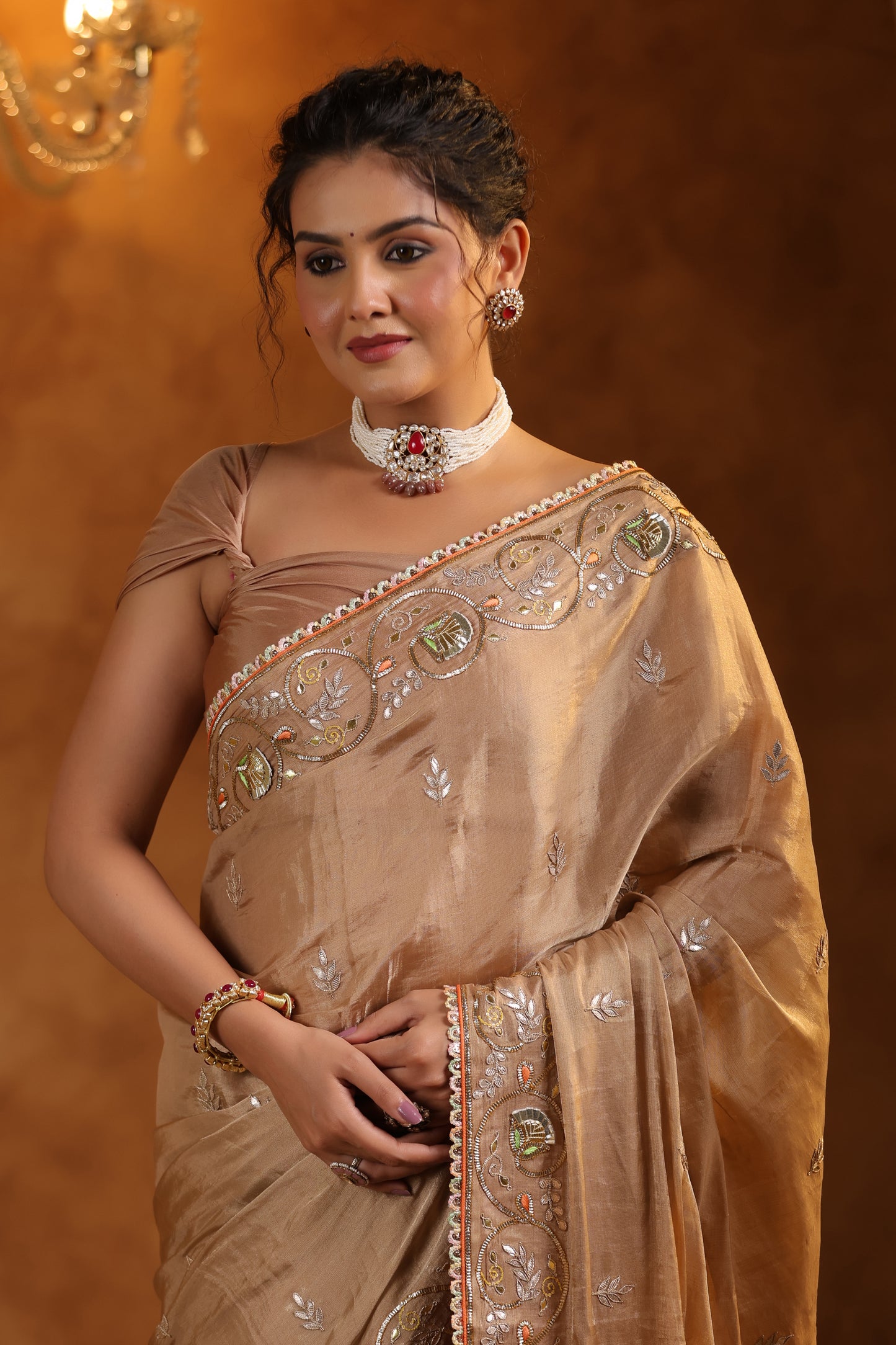 Bronze Bliss Katan Silk Tissue Saree Set