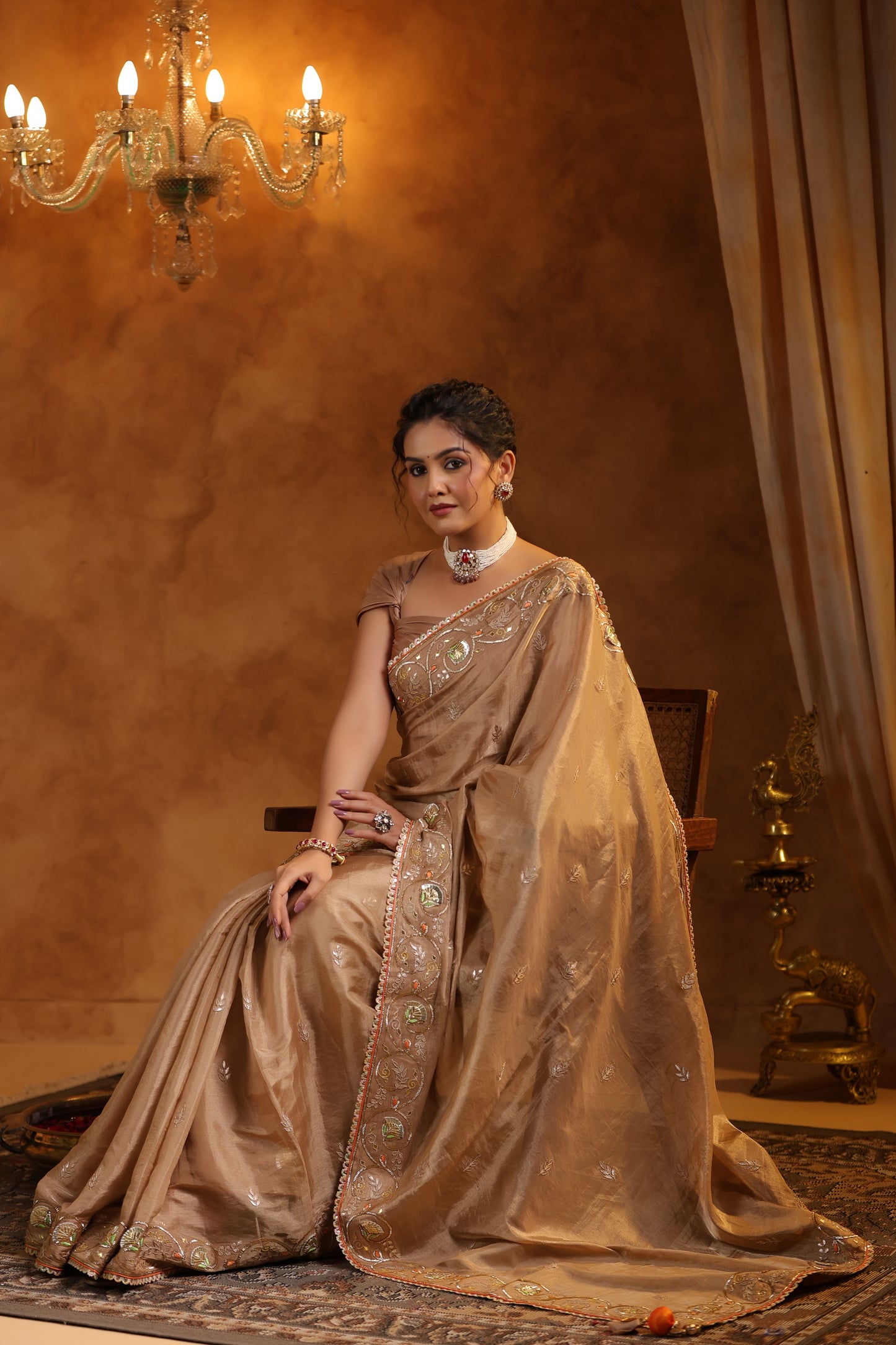 Bronze Bliss Katan Silk Tissue Saree Set