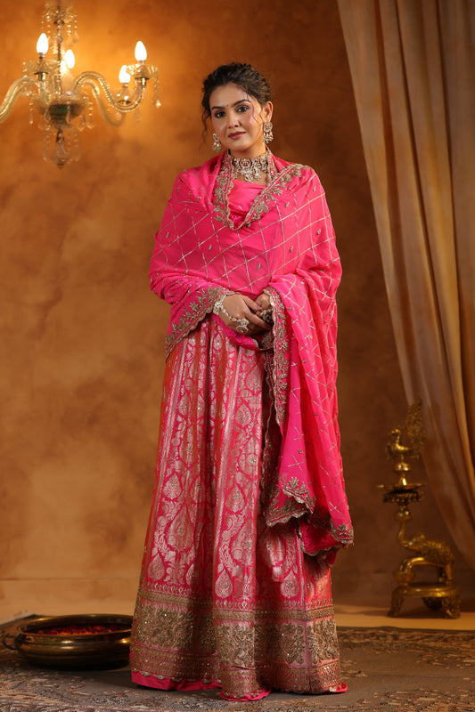 Pink Banarasi Lehenga with Intricated Zardozi Georgette Dupatta